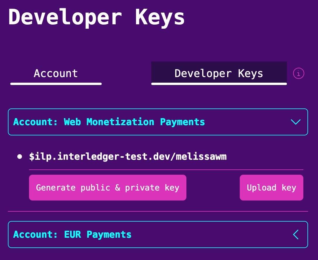 Developer keys tab with account expanded, showing the upload key and the generate public and private key buttons